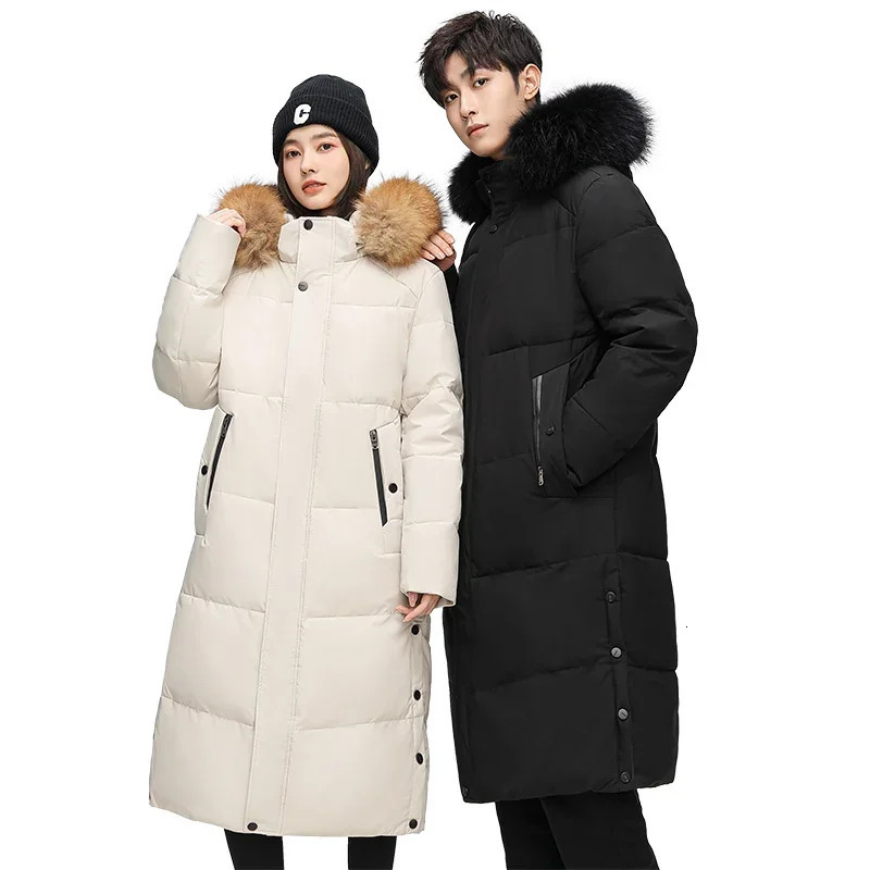 Winter Long Down Jacket Mens Trendy Thick Warm Hooded Fur Collar White Duck Down Coat Couples Snow Clothing Coldproof Parka 251023