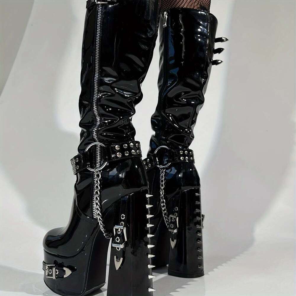 Women's Black Rivet Chain Studded Platform Knee-High Boots With Thick Heel, Zipper Closure, Glossy Cover Rubber Sole For Edgy Fashion & Comfort, 