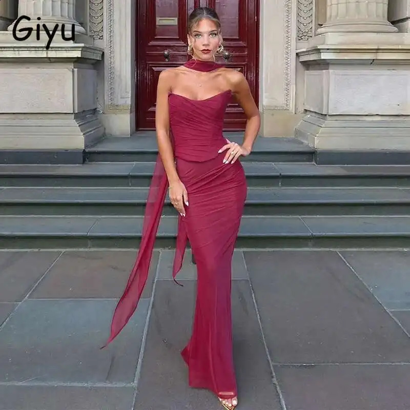 Giyu Sexy 2 Piece Set Women Summer Autumn Corset Top Long Skirt Dress Sets Elegant Off Shoulder Club Party Two Piece Set 251020