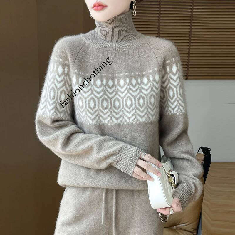 New Autumn/Winter 100% Merino Wool Sweater Casual Loose High Collar Pullover Fashion Korean Jacquard Women's Top