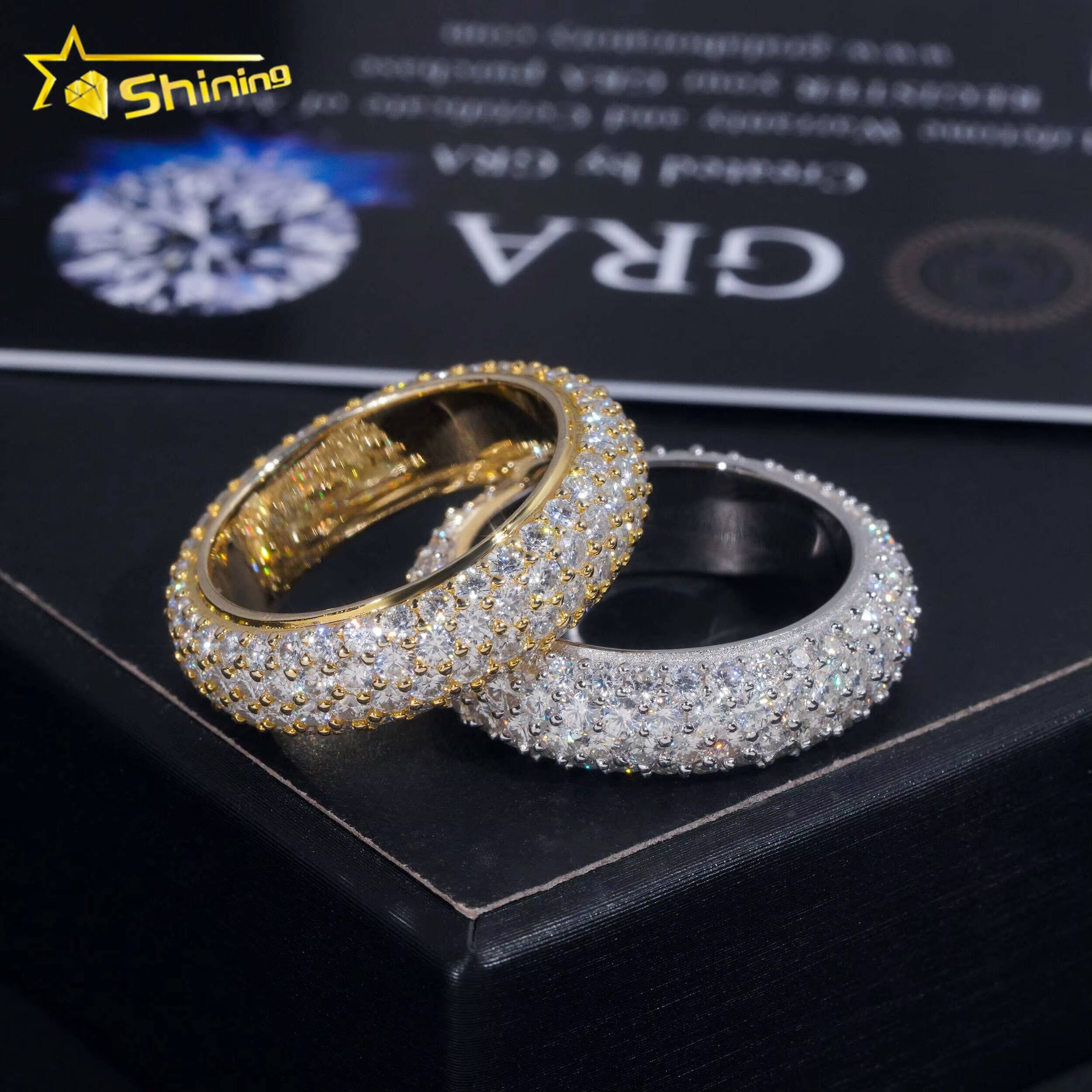 Fine Jewelry Stock GRA Certified Solid 925 Sterling Silver Gold Plated Iced Out Diamond Moissanite Fully Iced 4 Rows Band Ring