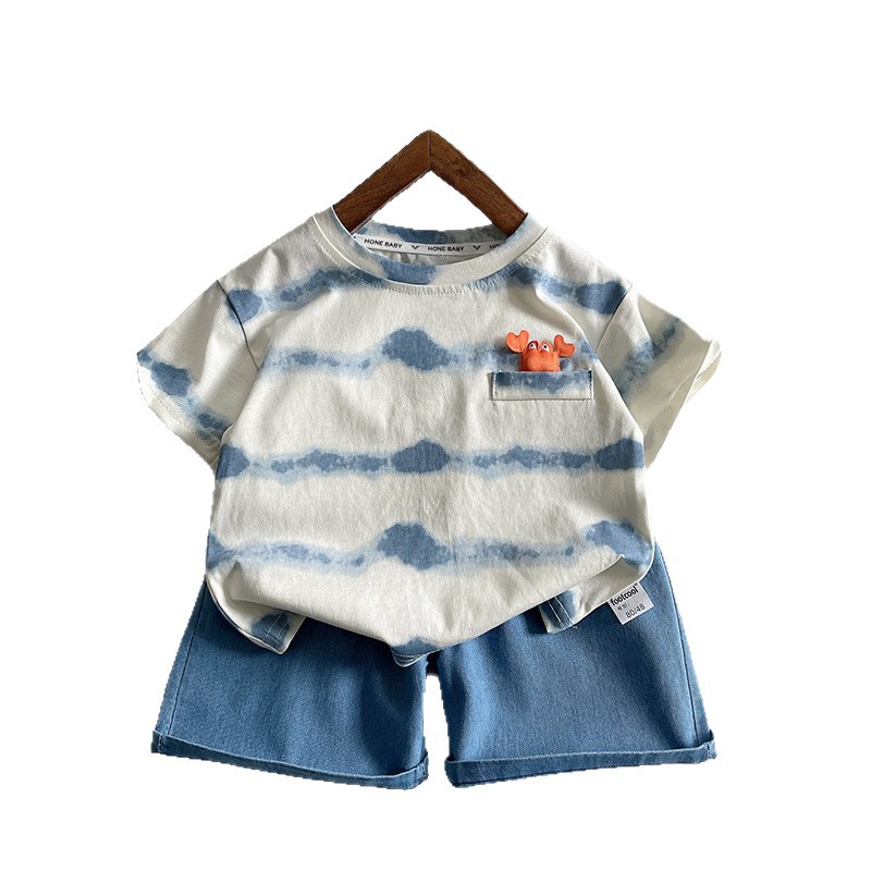Free Shipping 2025 Boys Summer Outfit, Crab Print Stripe Short Sleeve 2-Piece Set, Casual Beach Clothing for Baby Boy & Toddler