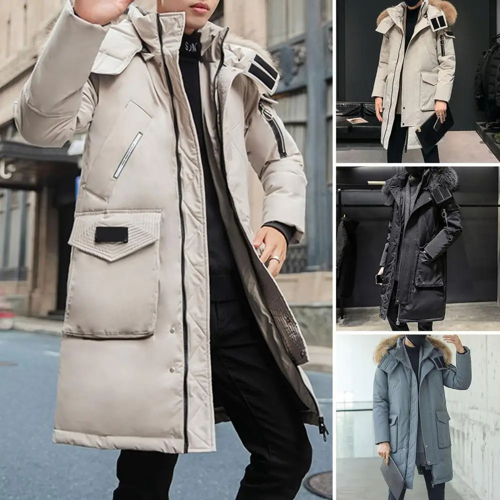 Men Hooded Winter Jacket Mens Fur Collar Hooded Down Jacket with Pockets Long Sleeve Winter Coat for Cold Weather Thickened 251023