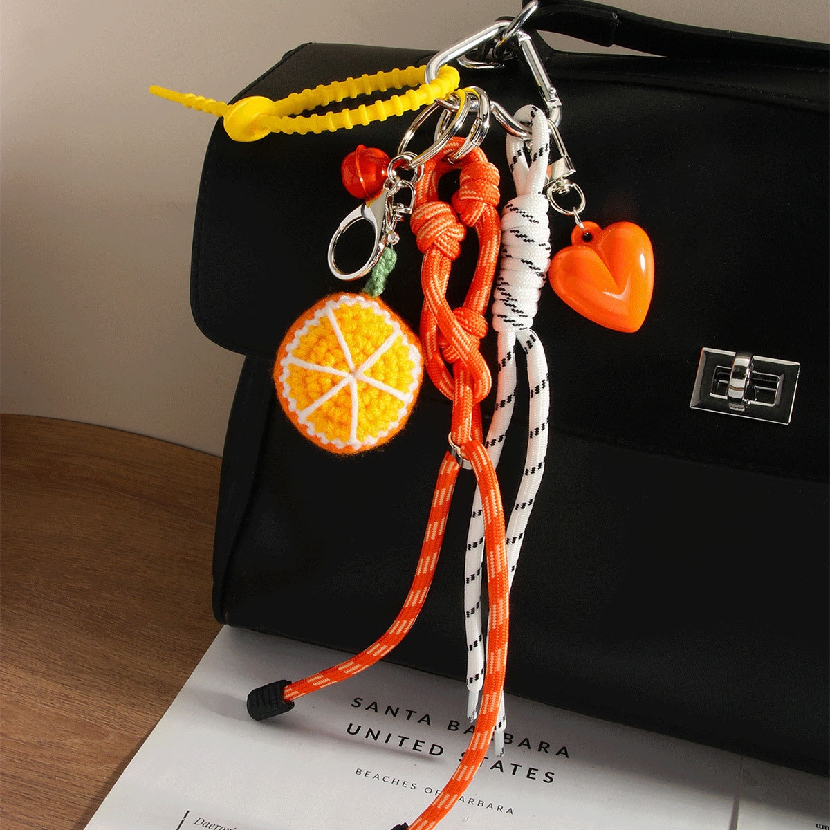 Creative handmade yarn crochet fruit orange pendant keychain heart bell woven rope bag pendant