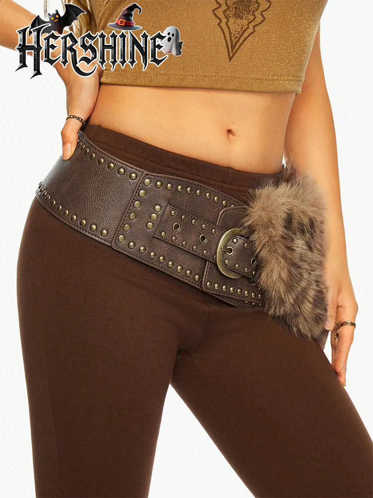 1 piece of womens leopard print long hair decorated leather metal buckle wide belt retro style Halloween costume accessory 251027