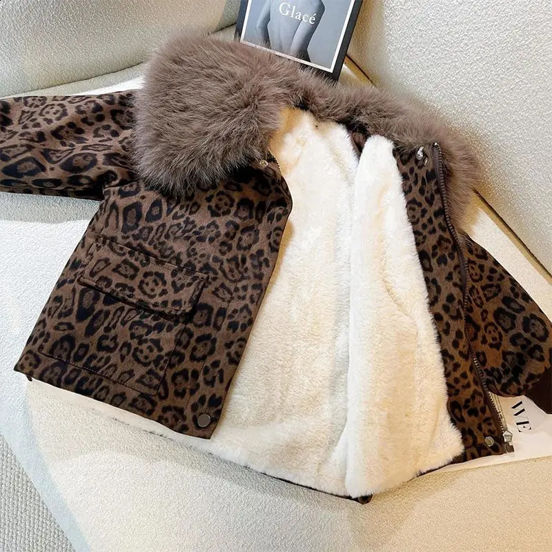 Babys Winter Korean Version Childrens Jacket Girls Leopard Print Plus Velvet Thick Coat Stylish Fur Collar Velvet Coat 251023