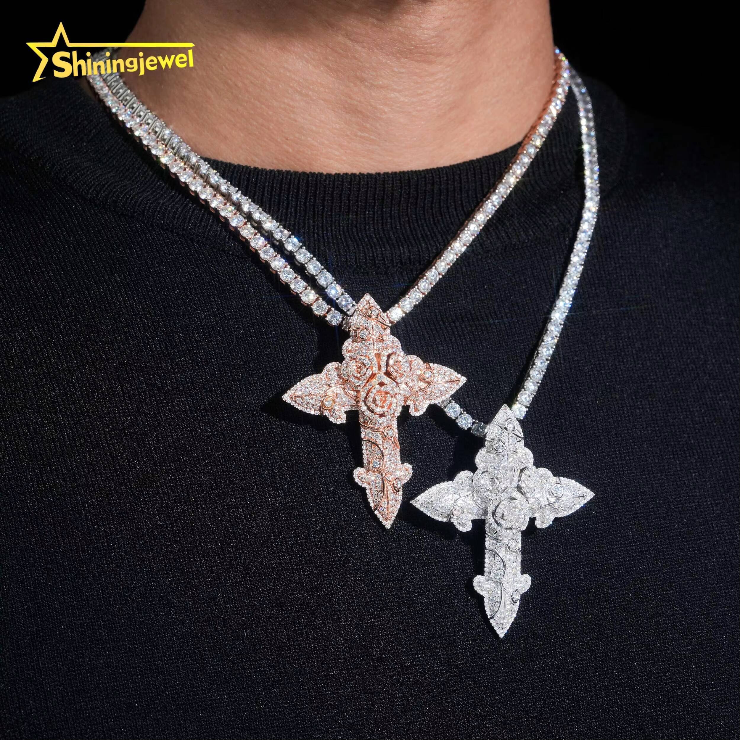Instock Hip Hop Jewelry Fully Iced Out Pendant Cross Moissanite Pendant Charm Solid 925 Sterling Silver Cross Pendant