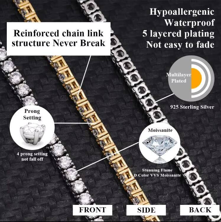 Fast Shipping Hip Hop Iced Out 3mm Moissanite Tennis Chain Men Women 925 Silver Moissanite Tennis Necklace GRA Certificated