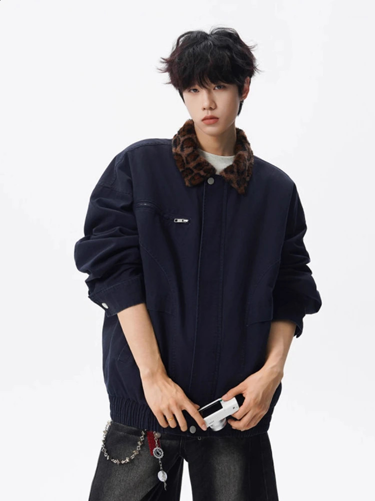 Leopard Collar Cargo Jacket Men American Vintage Washed Distressed Denim Coat Oversized Utility Street Edgy Fall Outwear 251017