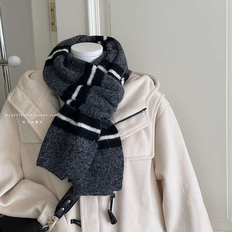 Korean Boutique Same Color-Block College Style Striped Scarf Women Soft Warm Woolen Neck Warmer with Wool for Winter
