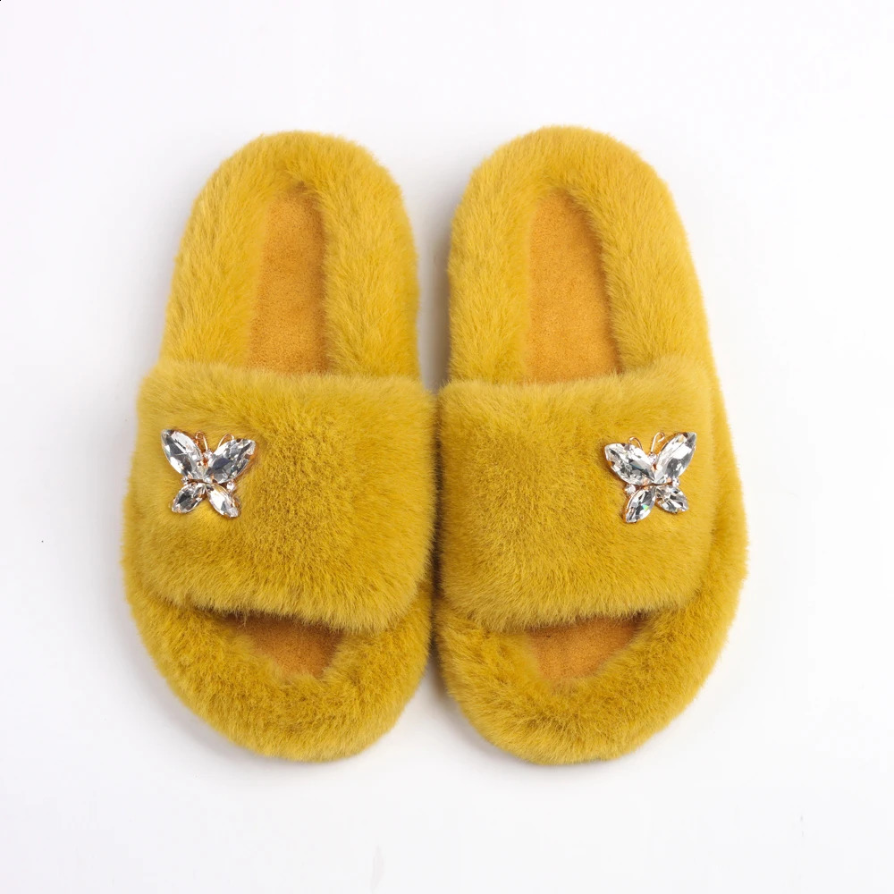 Women Fluffy Slippers Fur Slides Crystal Butterfly Faux Fur Sandals Glitter Rhinestone Platform Slippers Female Shoes 251023