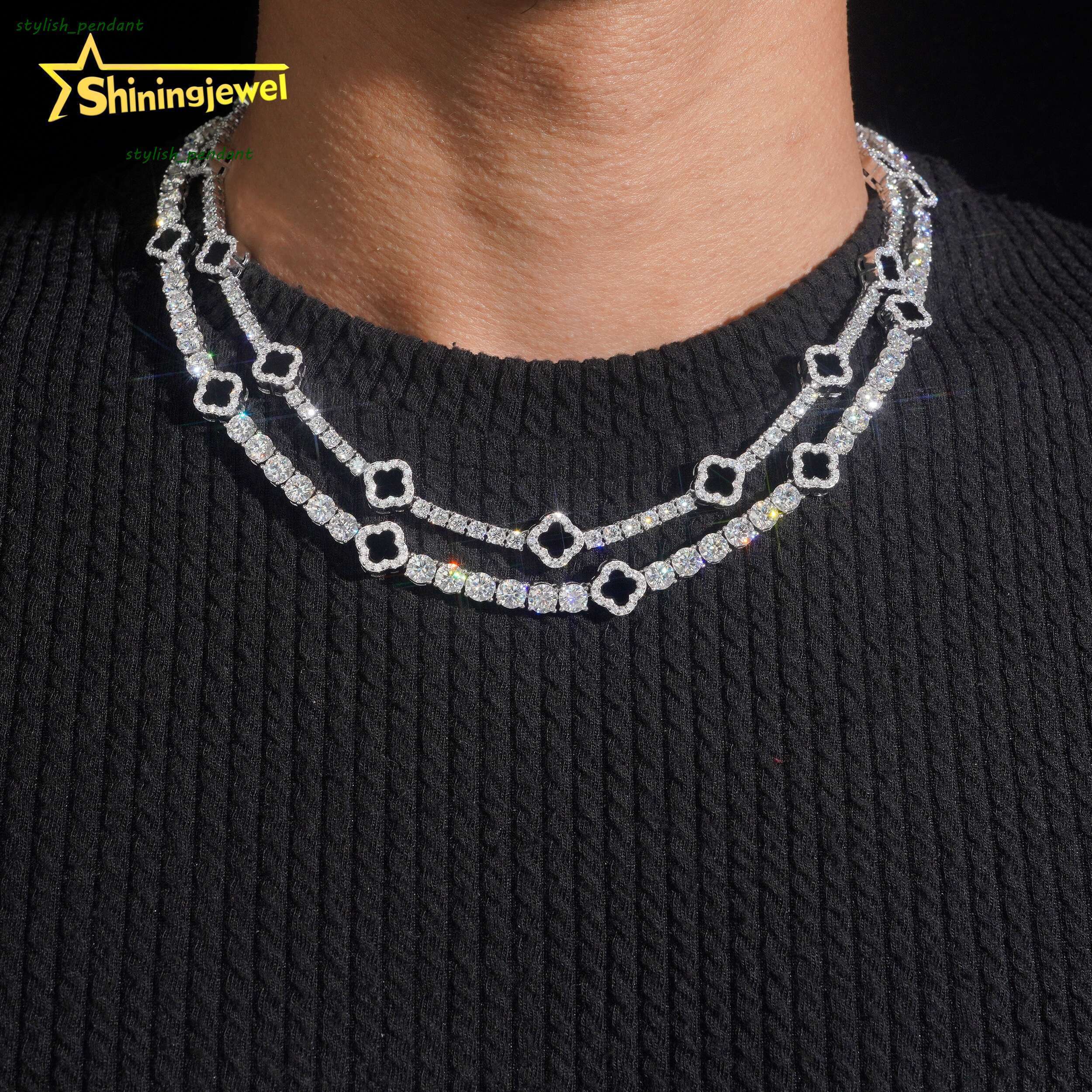 Ready Stocks 3mm 5mm Black Agate Clover Moissanite Tennis Necklace Bracelet Tennis Chain Moissanite 925 Solid Silver