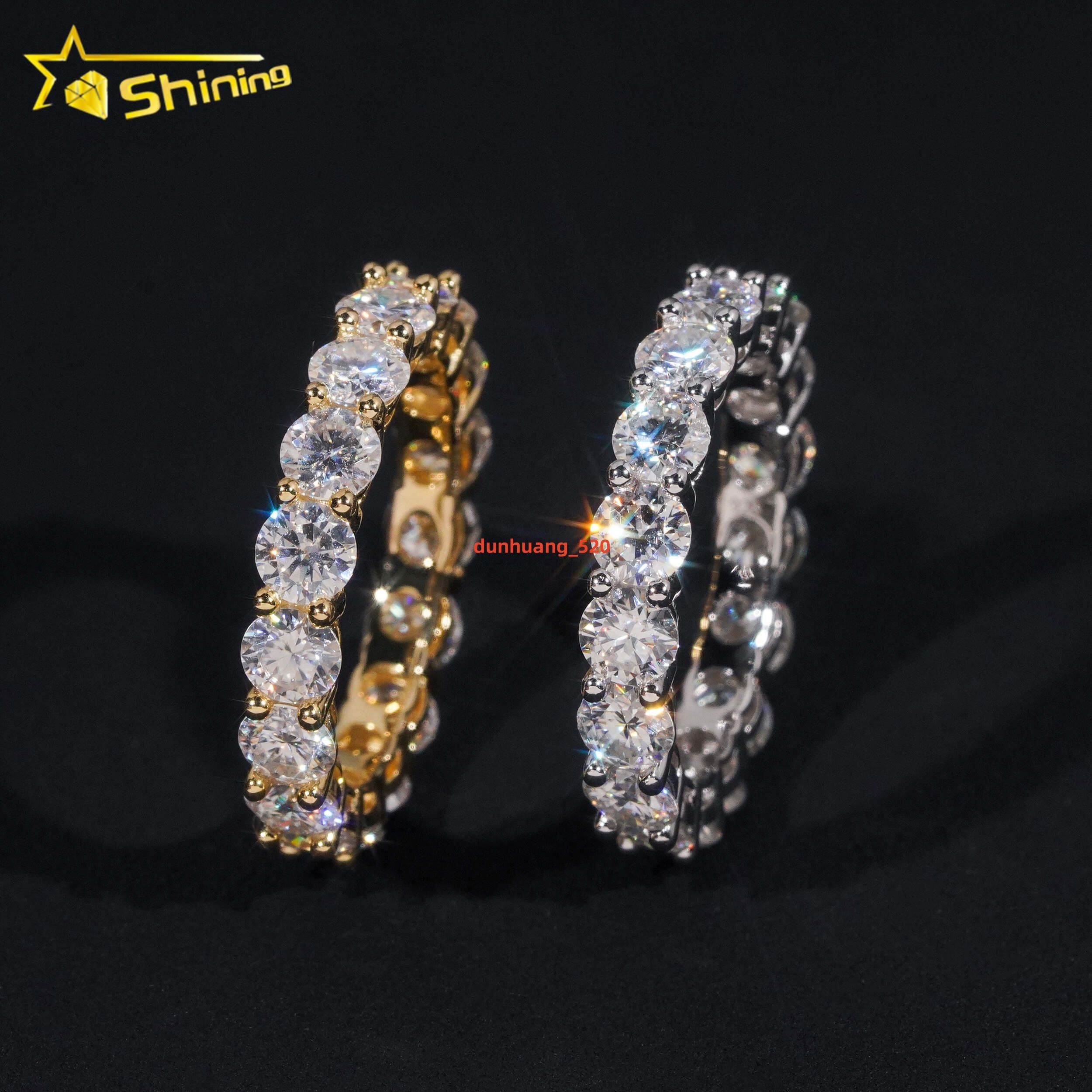 Stocks Solid 925 Sterling Silver Gold Plated Hip Hop Jewelry Luxury Fully Iced 4mm Diamond Moissanite Band Ring Eternity Rings