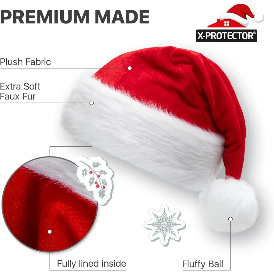XProtector Santa Hat Large Christmas Hat for Adults Fluffy Christmas Hats for Women and Men Red Velvet Santa Cap Perfect for Ho 251024