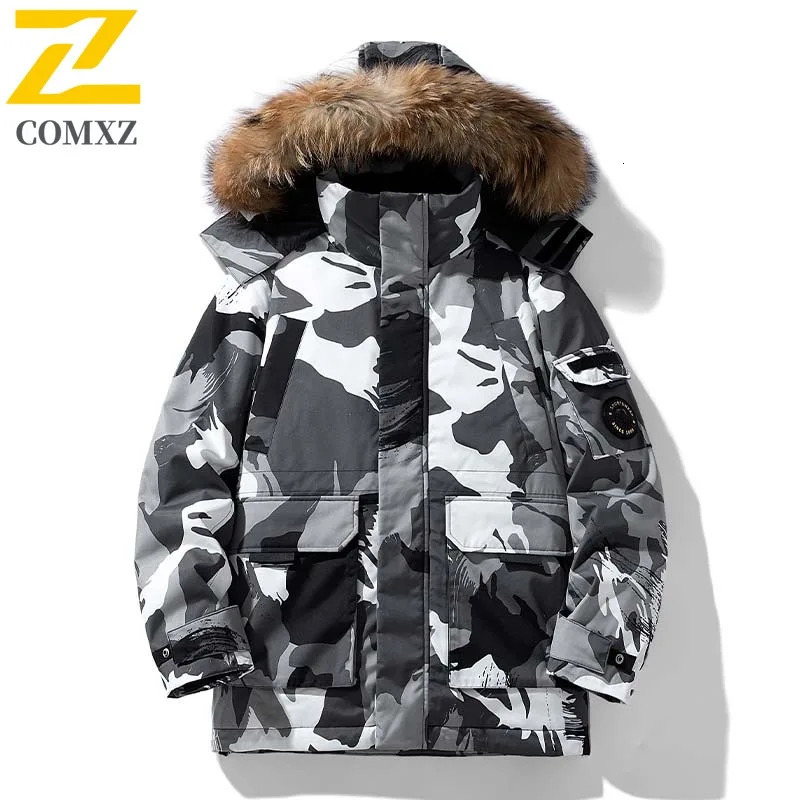 COMXZ Winter Down Jacket Men Women Highquality Camo Fluffy Fur Collar White Duck Down Parka Coat Casual Thermal Puffer Jacket 251023