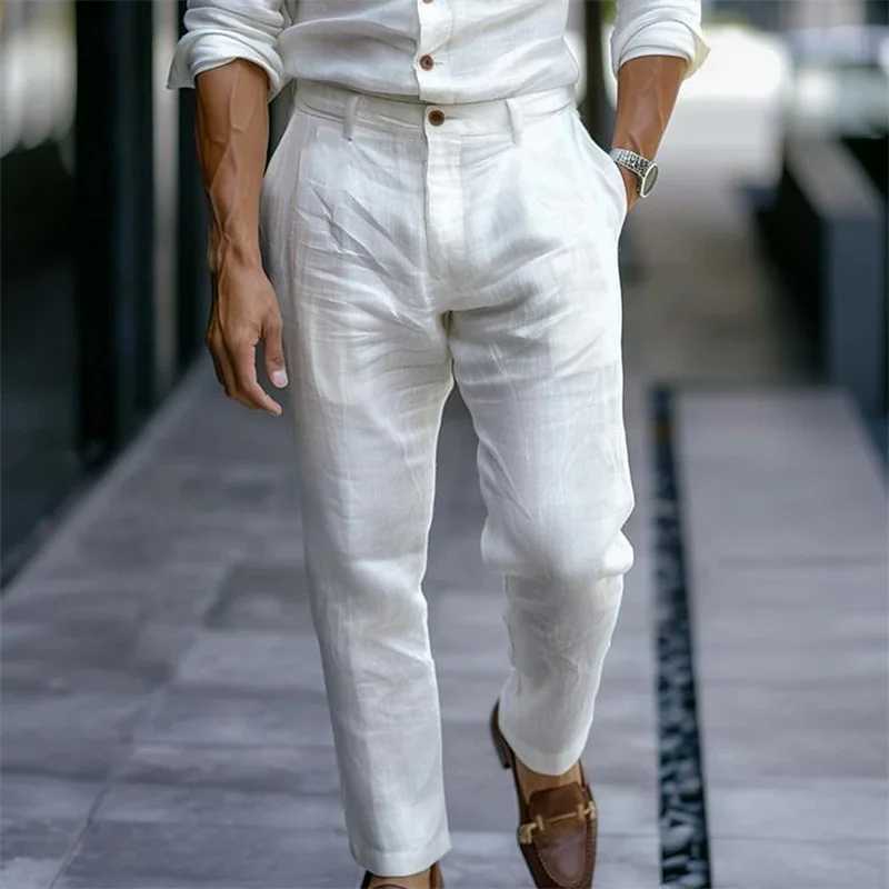 2025 Male Mens Casual Dress Linen Pants Solid White Gray Trouser Plus Size 3xl Mens Elegant Fashion Sweatpants Men Streetwear W251028