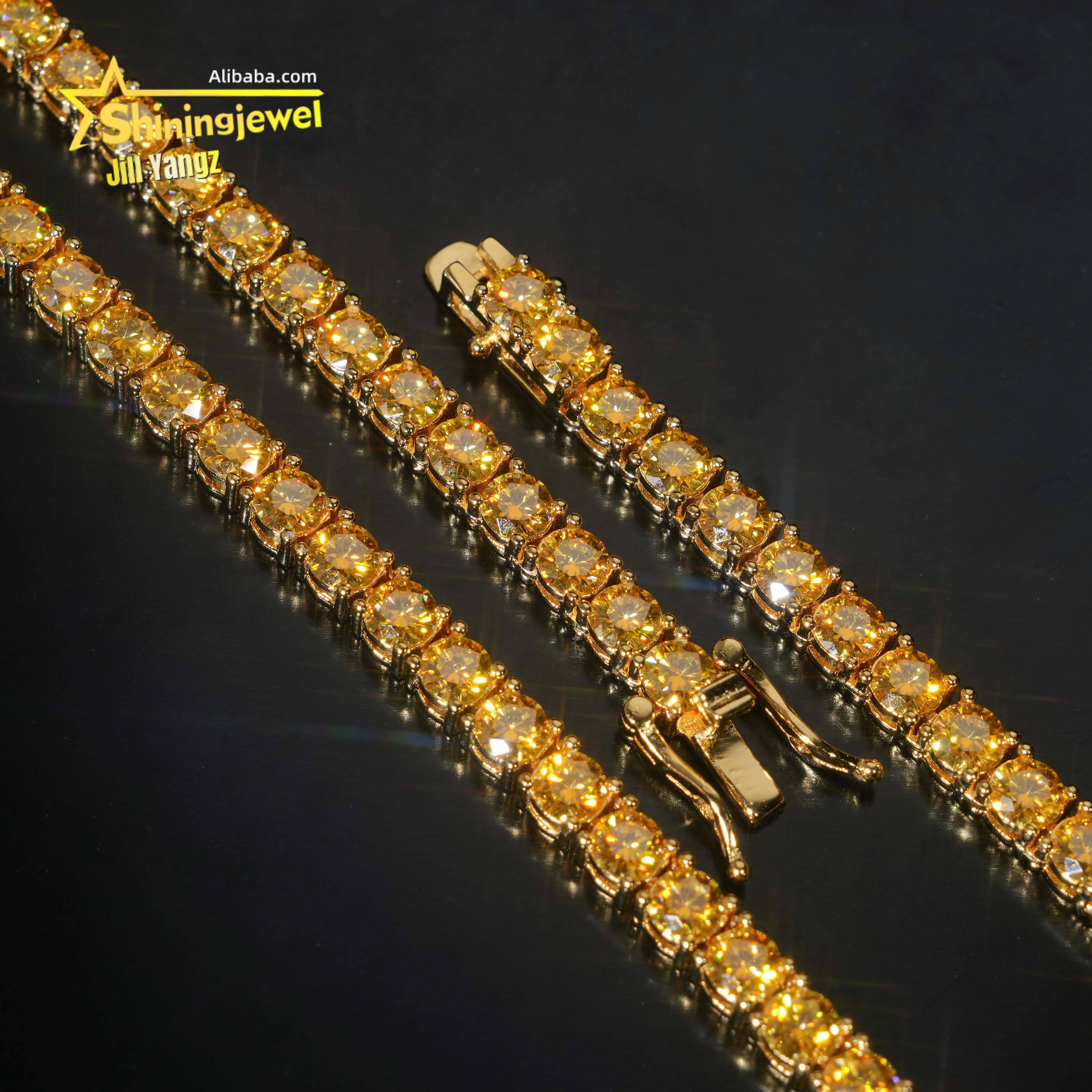 Pass Diamond Tester Golden Yellow Moissanite Tennis Necklace Bracelet 4mm Colorful Tennis Chain 925 Sterling Silver Fine Jewelry