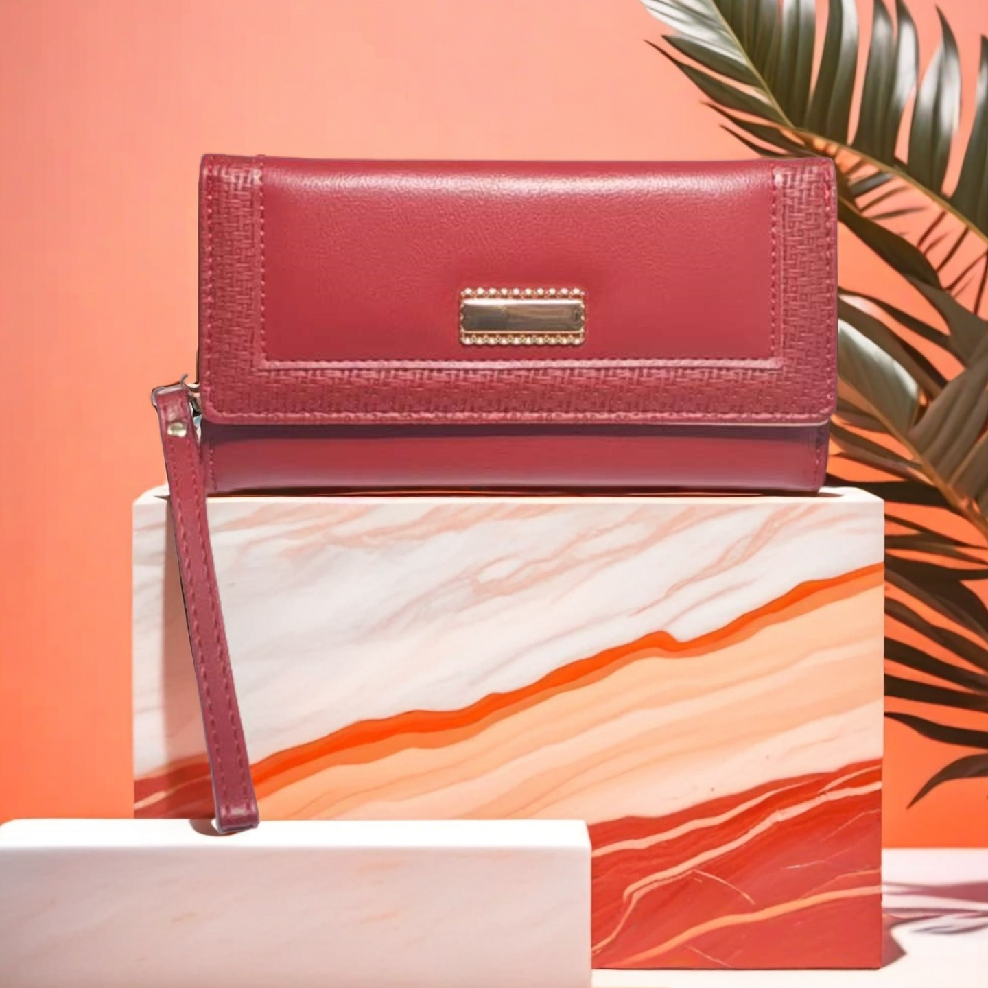 Wallets Women's Red Leather Clutch Wallet with Wristlet Strap - Textured Weave Detail, Gold Accent, Large Capacity Trifold Purse for Daily & Even