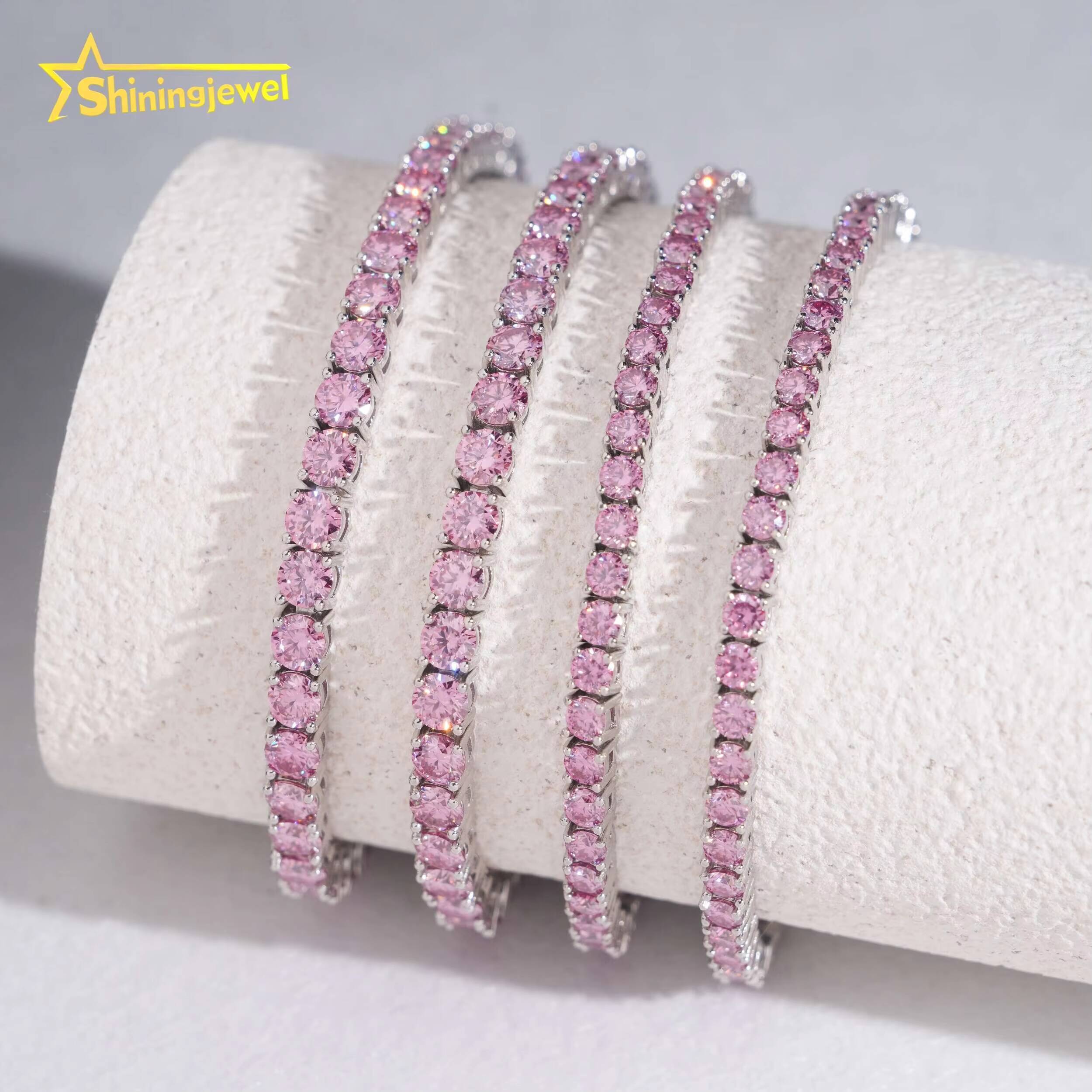 Pass Diamond Tester Pink Moissanite Tennis Necklace Bracelet 3mm 4mm Colorful Tennis Chain 925 Sterling Silver Fine Jewelry
