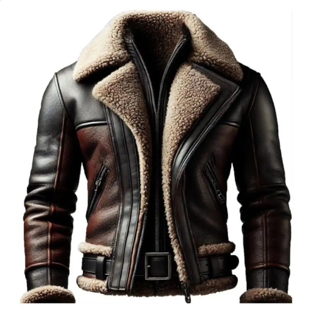 Mens Warm Contrast Color Leather Coat Winter Faux Fur Lined Stand Collar Long Sleeve Jacket Vintage Biker Style Oute 251027