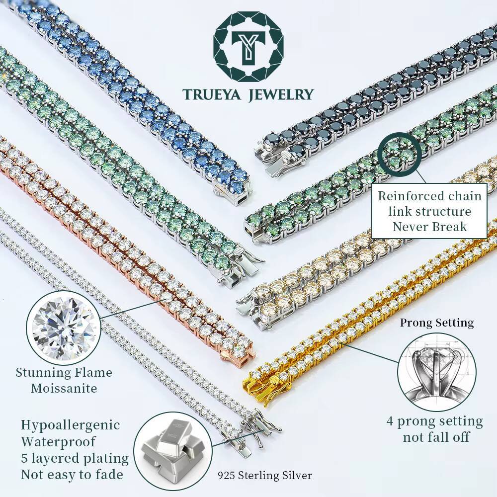 Trueya Women S925 Sterling Silver Cluster Color champagne Green Black Blue Mossanite Moissanite Diamond Tennis Chain Necklace