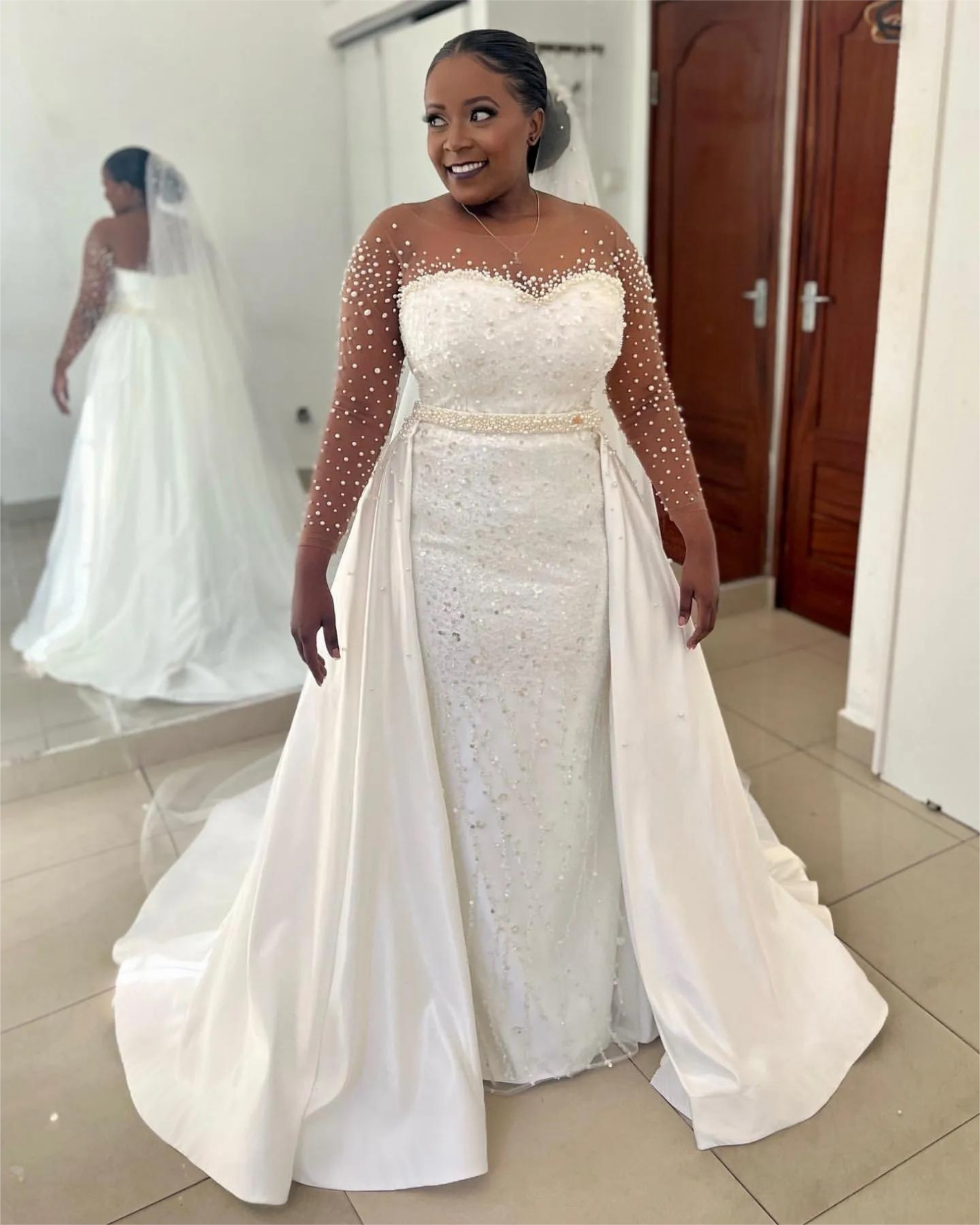 Ivory Satin Mermaid Wedding Dress with Pearls & Sequins Full Sleeves and Detachable Train