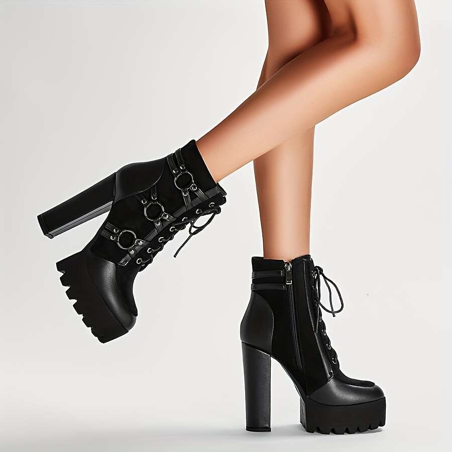 Women's Black Faux Cover Ankle With Chunky Heel, Lace-Up & Zipper Closure, Round Toe, Metallic Ring Details - Stylish Short For Fashion-Forward O