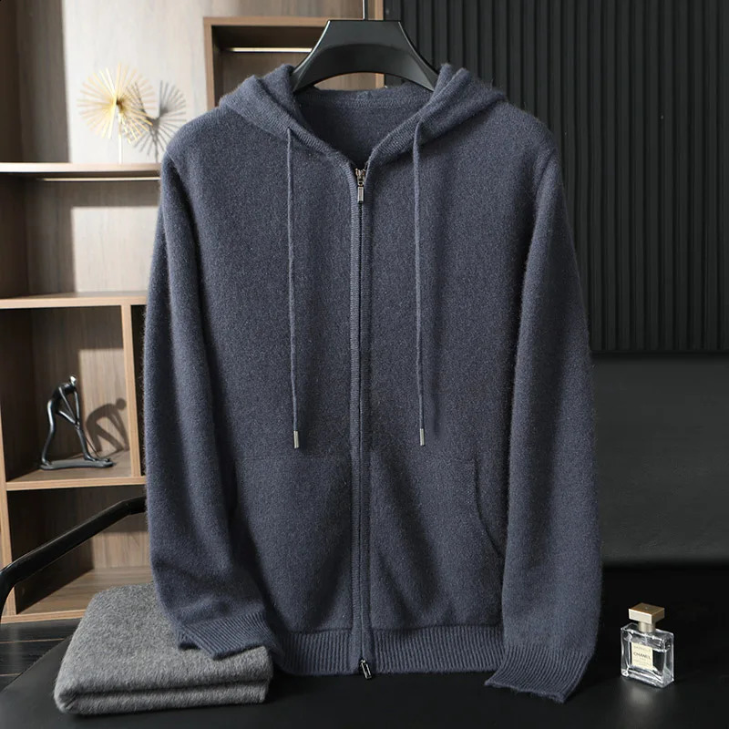 Youth Casual 100 Pure Cashmere Mens Fashion Hooded Sweatshirt Loose Knitted Cardigan Sports Top Jacket 251017