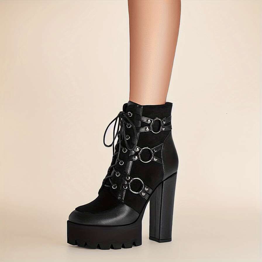 Women's Black Platform Ankle With Chunky Heel, High Quality Buckle Straps & Side Zipper - Stylish Winter Short Boots For Casual Attire, Durable R