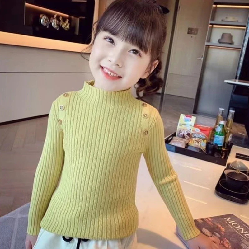 Girls Sweater Winter Decorative Buttons High Neck Solid Color Bottom Shirt Multicolour Children High Elasticity Knit Pullover 251027