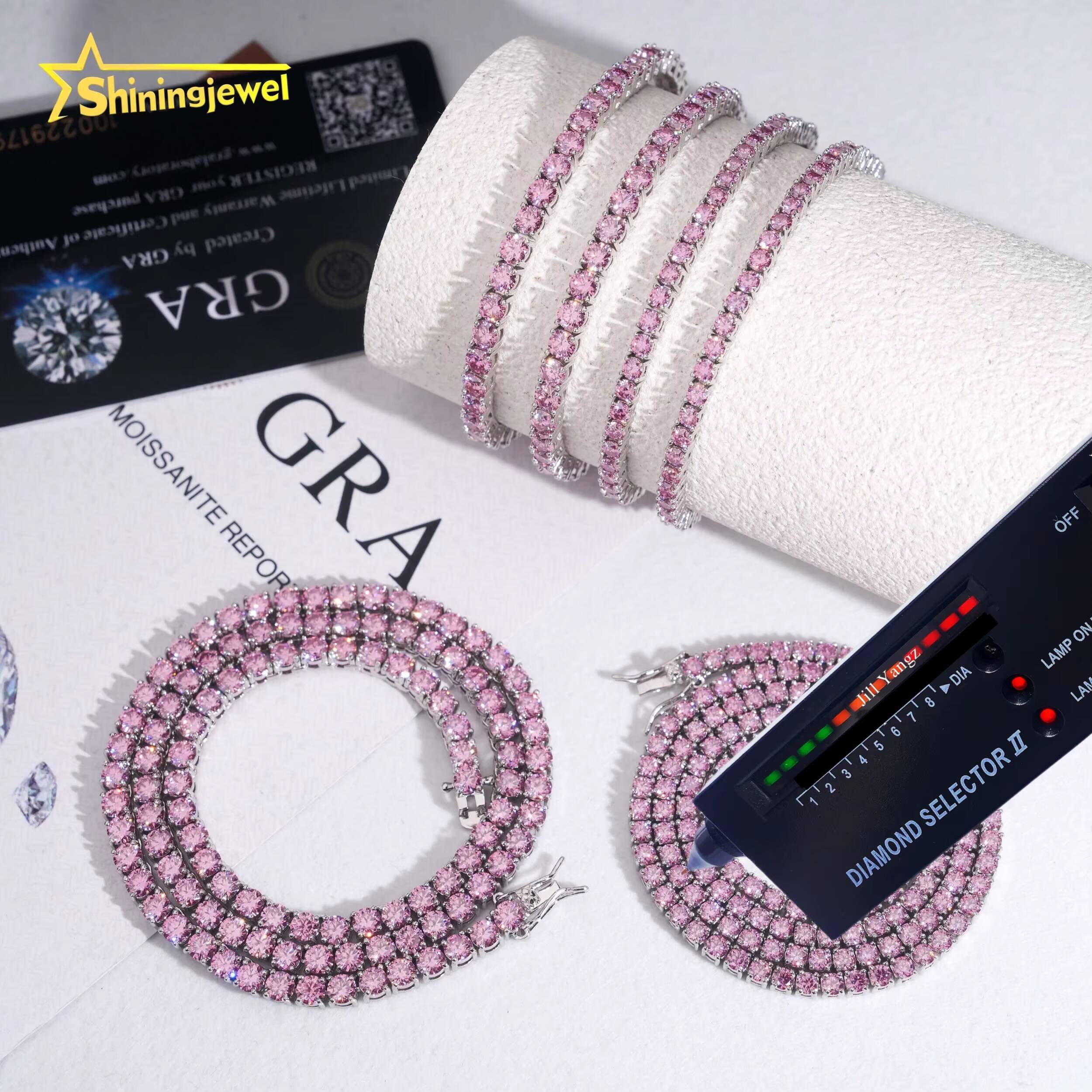 Pass Diamond Tester Pink Moissanite Tennis Necklace Bracelet 3mm 4mm Colorful Tennis Chain 925 Sterling Silver Fine Jewelry