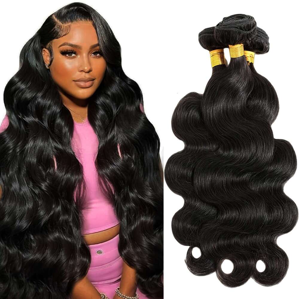 4Pcs Body Wave Bundles With 4X4 Lace Closure, Brazilian Human Hair Women, Natural Black Double Hine Weft, Easy To Wear For Daily Styling