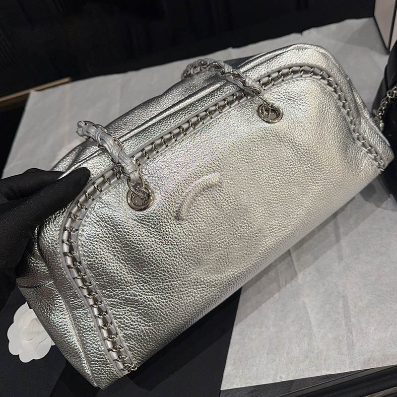 Vintage Women Designer Silver Bowling Bag Calfskin Embroidery Letters Pattern Braided Chain Winding Decoration Stylish Shoulder Handbag High-Capacity Tote 33cm