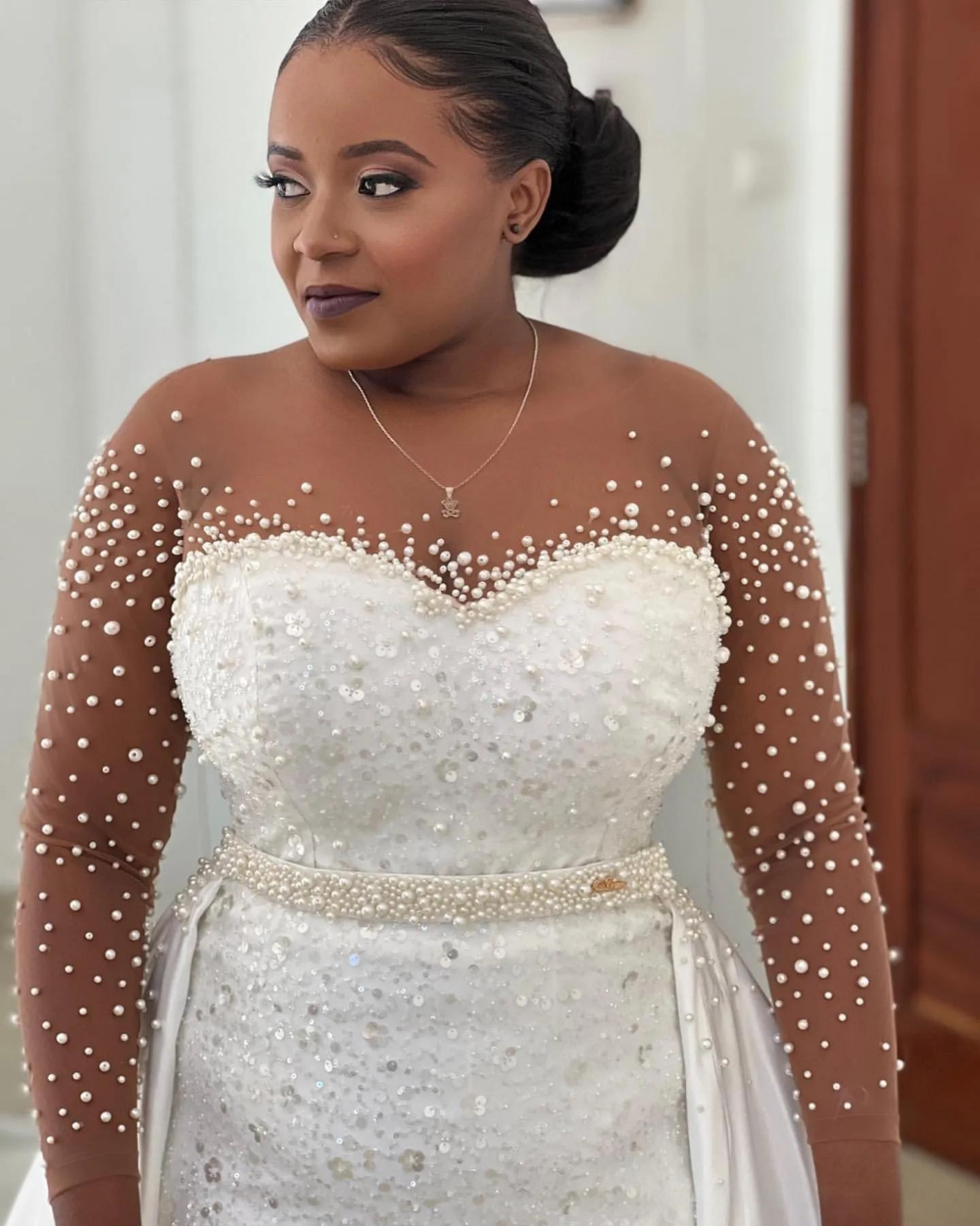 Ivory Satin Mermaid Wedding Dress with Pearls & Sequins Full Sleeves and Detachable Train