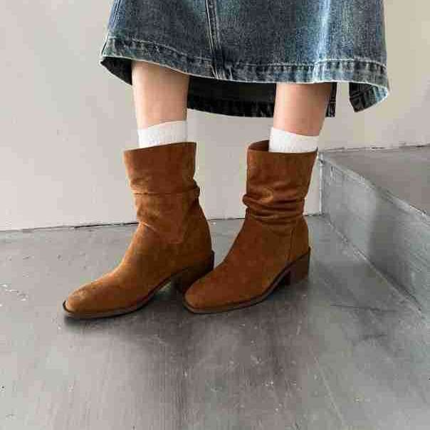 2025 Autumn Winter New Korean Style Boots - Women's Designer Frosted Leather Chunky Mid-Heel, Comfortable Slouchy Short Fashion Boots