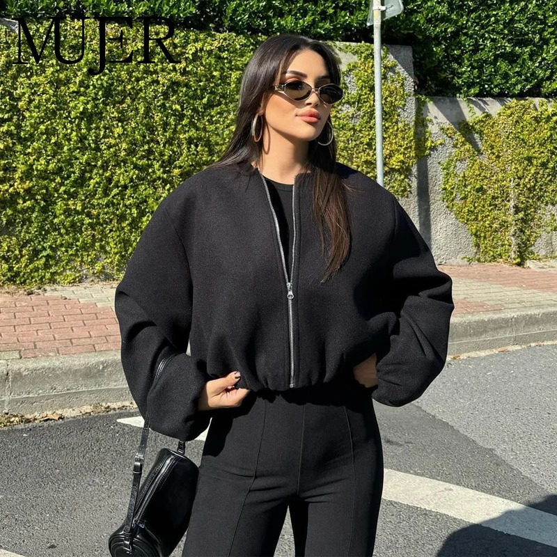 MUJER Black Bomber Jackets for Women Zipper Varsity Jackets Women Soft Cropped Jackets Woman 2025 Long Sleeve Winter Coat Female 251028