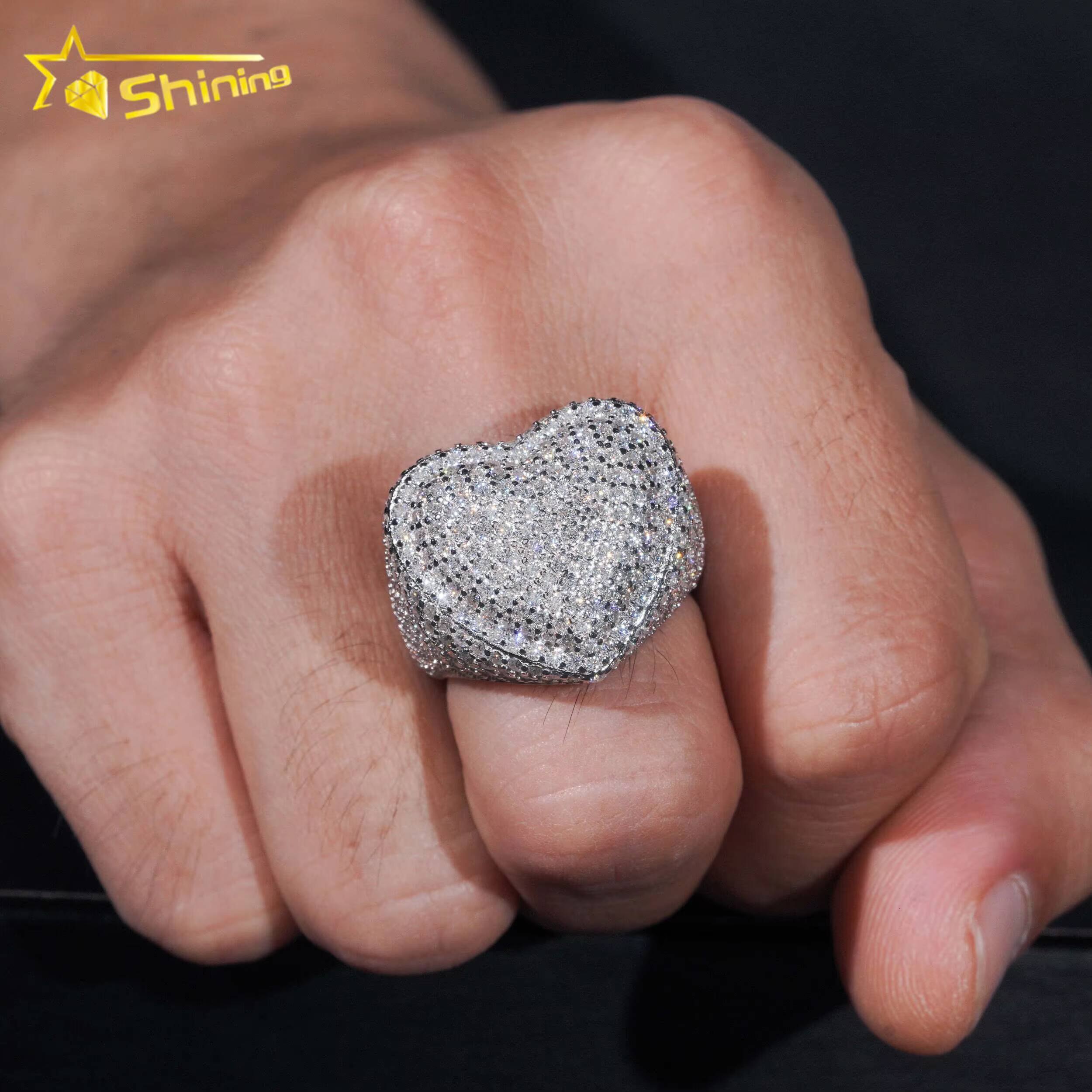 Ready to Ship Moissanite Mens Ring 925 Silver Iced Out Heart Shape Hip Hop Rings