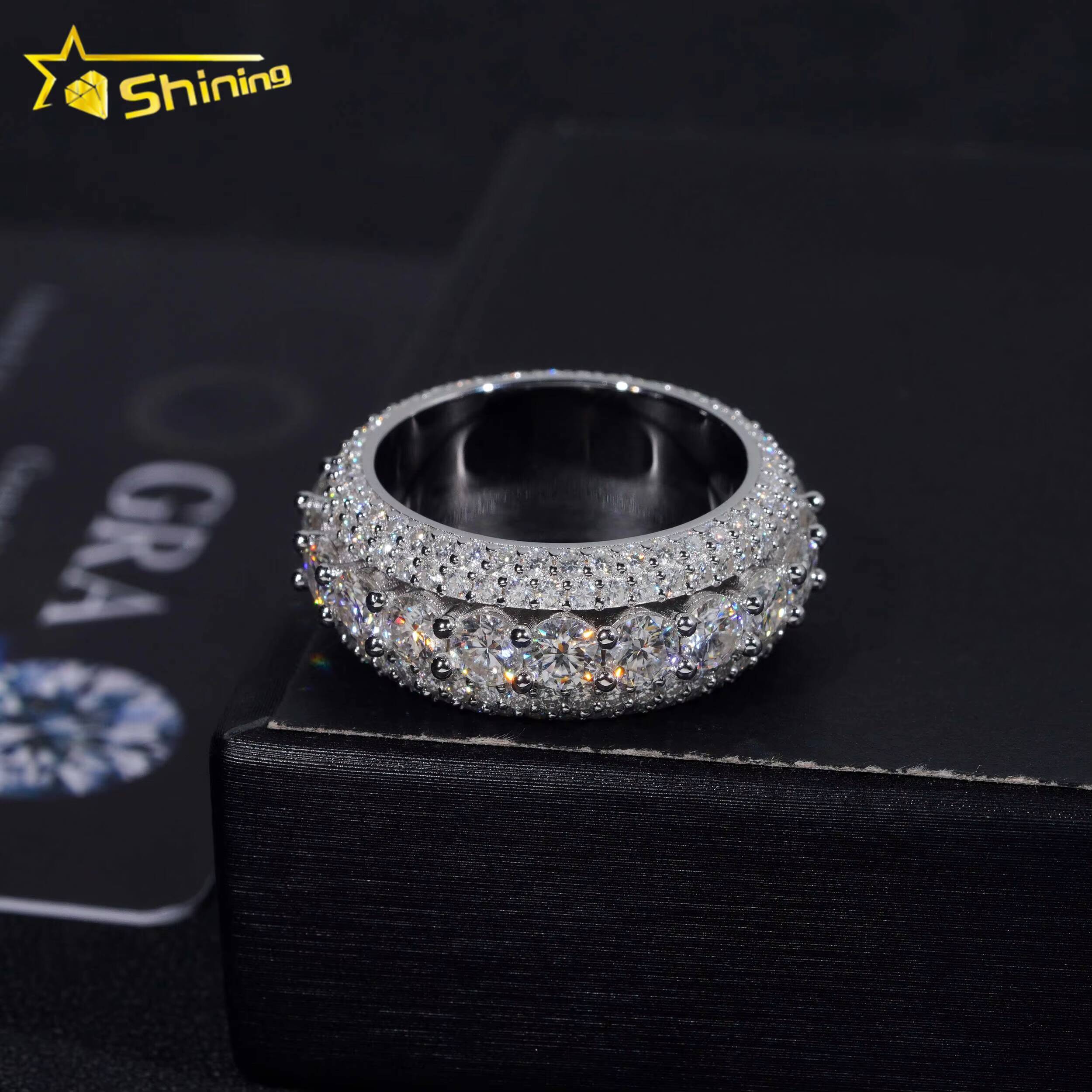 Luxury Rappers Jewelry Gold Plated Solid Inside 925 Sterling Silver Hip Hop Fully Iced Out Moissanite Band Ring