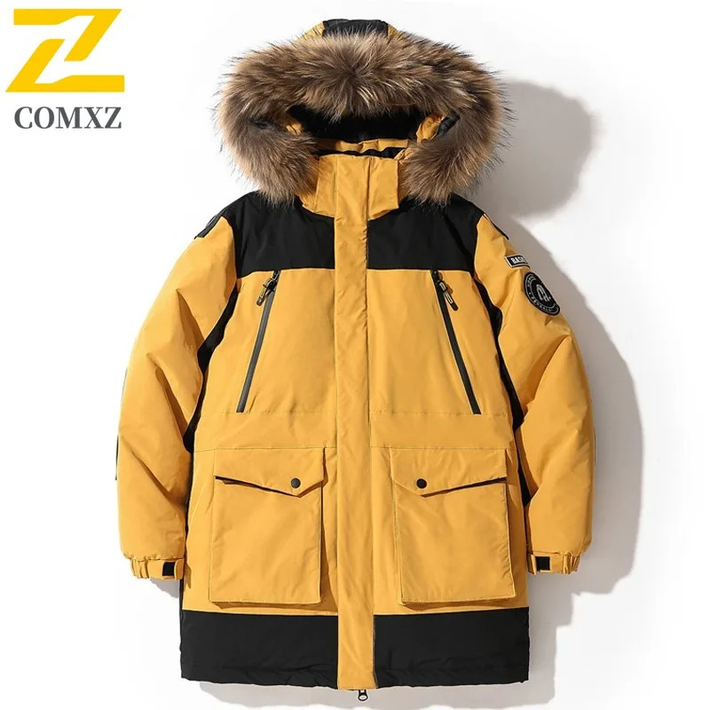 COMXZ Men Mid Length Down Jacket Big Fur Collar Workwear Winter Top Fashion Loose Fit Thermal Cold Proof White Duck Down Coat 251023