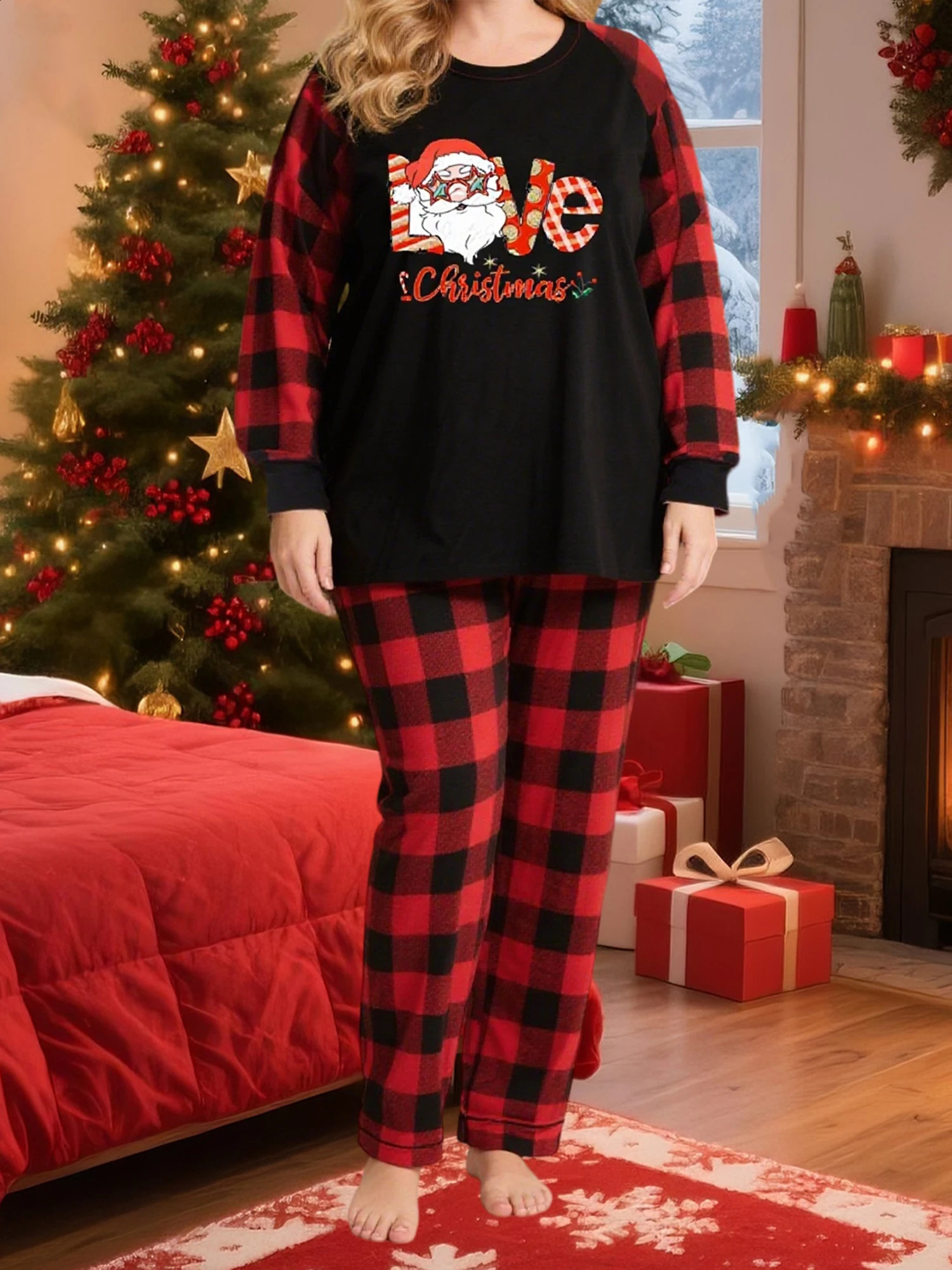 Women s Christmas Pajama Set Festive Long Sleeve Top with Reindeer Print and Matching Plaid Pants for Cozy Sleepwear 251020