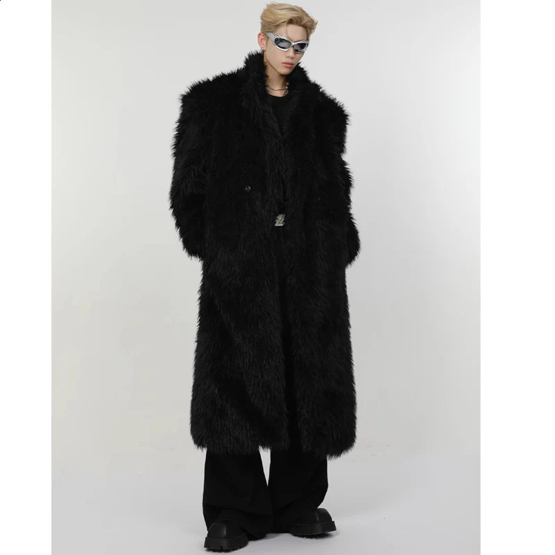 Mens winter artificial mink fur coat long over the knee fox fur wool fashion plush trench coat 251027