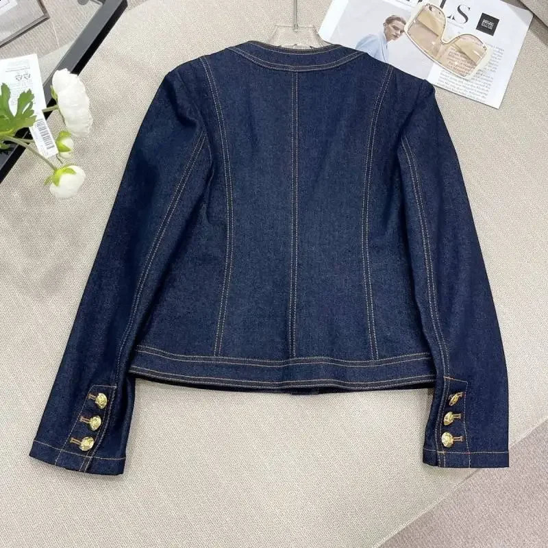 Retro round Neck Short Denim Jacket Womens Spring Style French Contrast Color Stitching Cotton Casual Top 251015