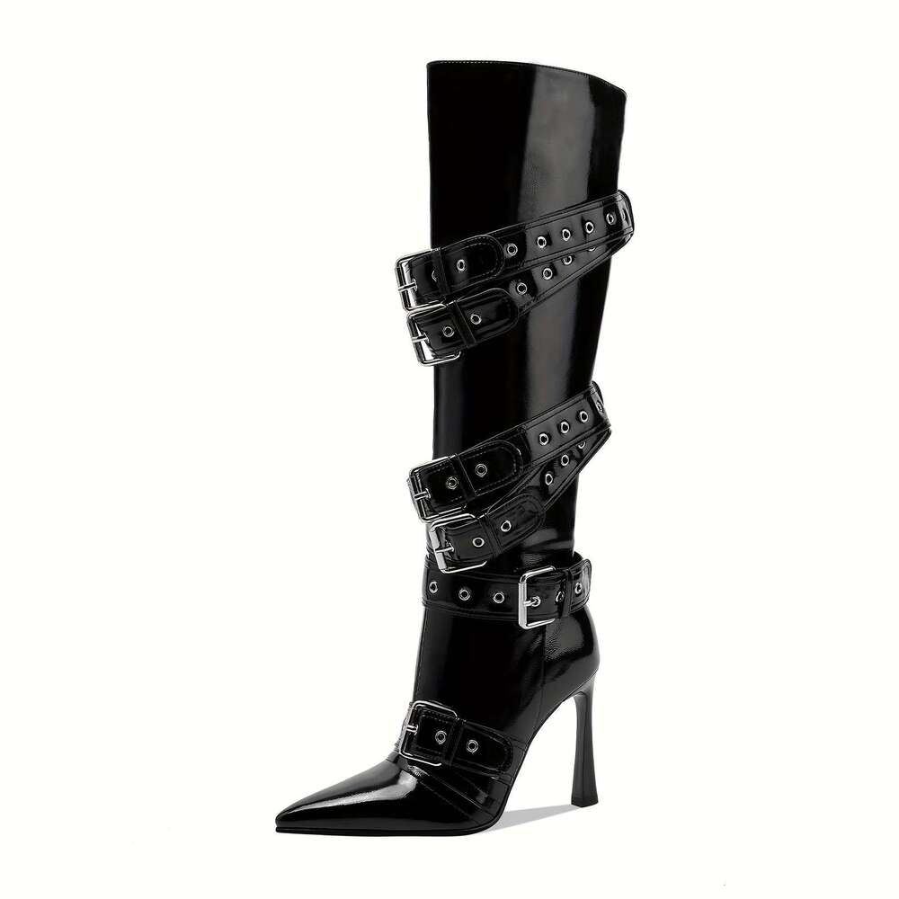Elegant Women' Black Kitten Heel Knee-High Boot - Sexy Pointed Toe With Buckle Rivet, Fahionable Cover, Side Zipper, Perfect For Fall & Winter Ou