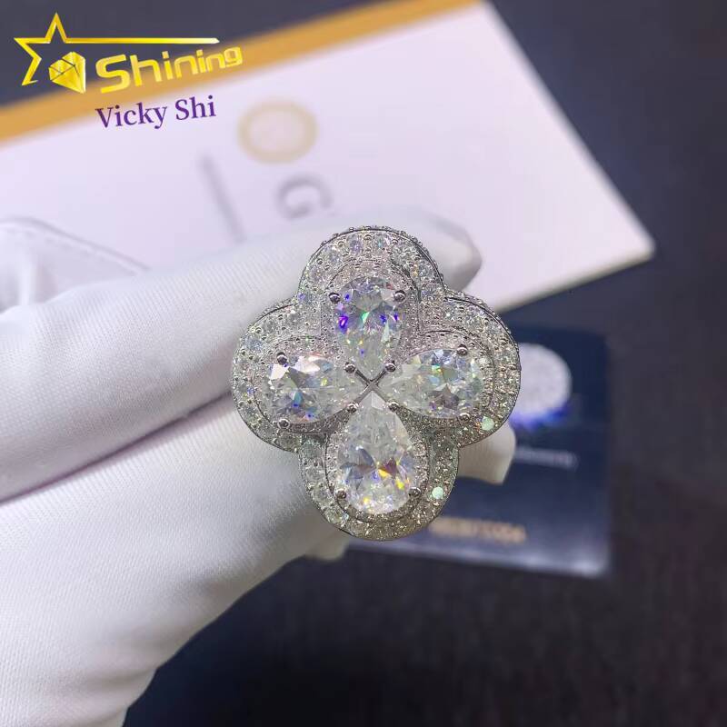 Fashion Luxury Rapper Hip Hop Rings 925 Sterling Silver Iced Out Clover Moissanite Diamond Ring Fine Jewelry