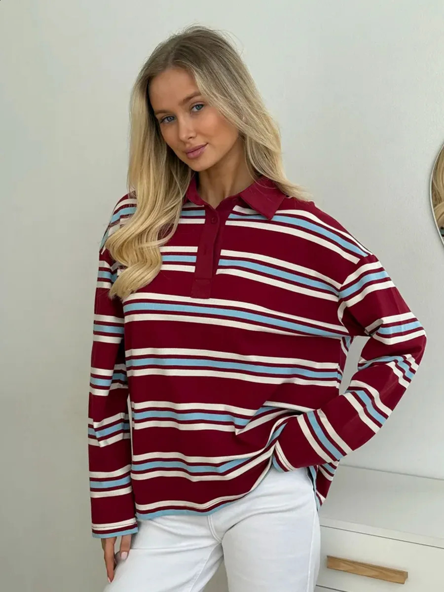 Womens Striped Polo Shirt Long Sleeve Vintage Collared Top Color Block Preppy Style Loose Fit Casual Tunic Contrast Trim Retro 251027