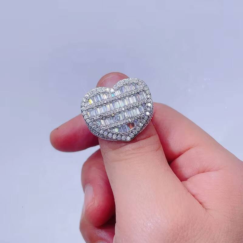 Fully Iced Out with baguette Moissanite Heart Pentagon Shaped Silver Hip Hop Rings