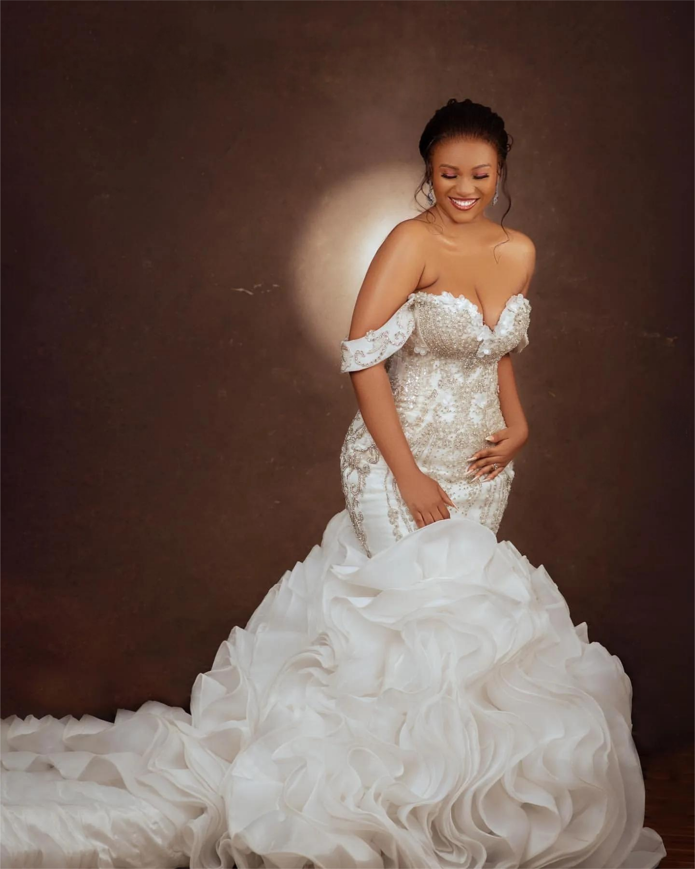 Aso Ebi Mermaid Wedding Dress in Ivory with Florals Beaded Crystals Tiers Satin and Stunning Design