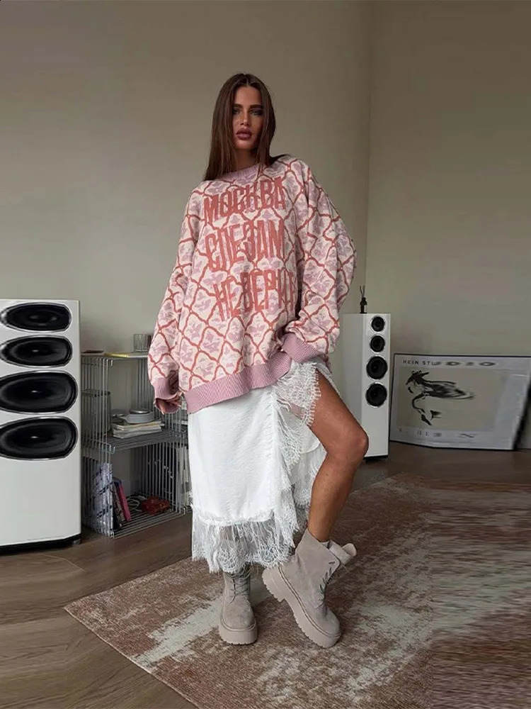 Letter Print Oversize Knit Sweater Geometric Pattern Long Sleeve 2025 Autumn Causal Women Pullover Chic Retro Preppy Lady Top 251027
