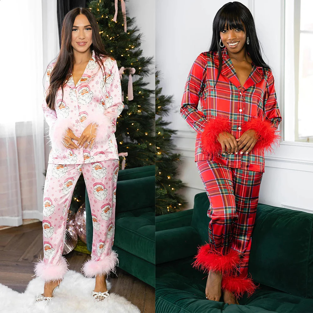 Women Year Pajamas Set Christmas Party Loungewear Long Sleeve Feather Shirt Pants Sleepwear Santa Claus Night Wears Pyjamas 251020