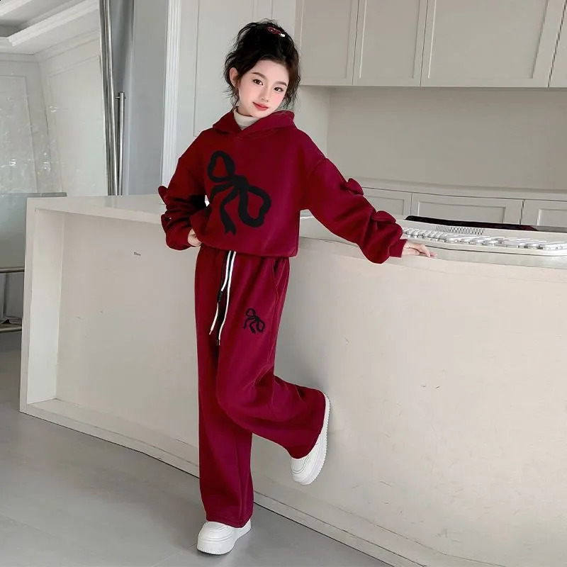 Fleecelined Top Pants 2Piece Set Hoodies Bow Girls Outfits Childrens Clothing Korean Kids Clothes 11 12 Years Girl 10 Old 251027